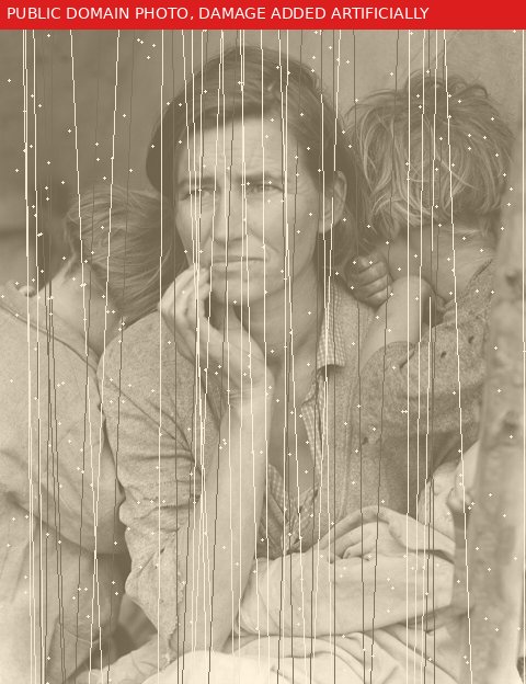 Test input: public-domain photo with scratches and fading we added artificially